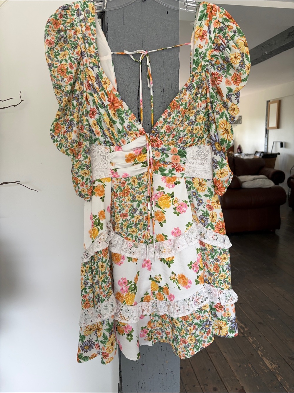 Floral Lace-Trim Sun Dress – White with Multicolor Floral For love & lemone